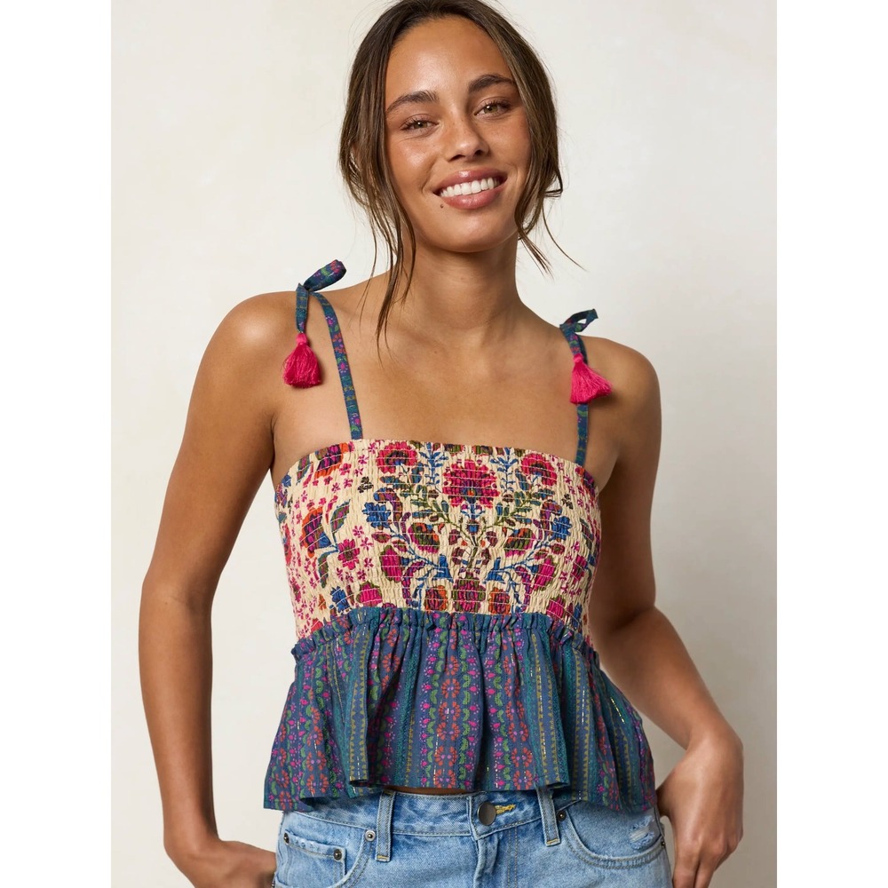Natural Life Smocked Peplum Tie Strap Tassel Top Floral Lurex Small NEW
